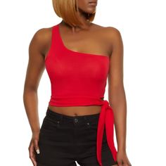 Red One Shoulder Side Tie Cropped Top Small Details & Fit Sleeveless One Shoulder Cropped Hem Model Pictured Wearing Size S Height 5'8", Bust 34", Waist 24", Hips 36" Fits True To Size Content And Care Material: 95% Cotton, 5% Spandex Chic Red One-shoulder Top, Red One-shoulder Top For Night Out, Casual Red One-shoulder Top, Trendy Red Tank Top For Night Out, Red Crop Top For Summer, Red Tank Top For Summer Night Out, One Strap Top, Maroon Crop Top, Beige Crop Tops