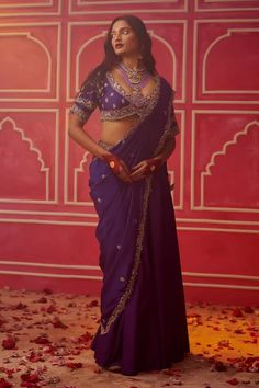 Purple silk chanderi attached pallu lehenga saree with marodi embroidered floral motifs, embellished with sequins. Comes with matching blouse. - Aza Fashions Elegant Pre-draped Saree With Tilla For Diwali, V-neck Saree For Reception And Festivals, Silk V-neck Traditional Wear For Wedding, Bollywood Style Pre-draped Saree With Tilla For Navratri, Elegant Pre-draped Saree With Tilla In Traditional Drape, Elegant Tilla Pre-draped Saree With Traditional Drape, Elegant Pre-draped Saree With Tilla Embroidery, Traditional Silk V-neck Choli, Elegant Tilla Pre-draped Saree