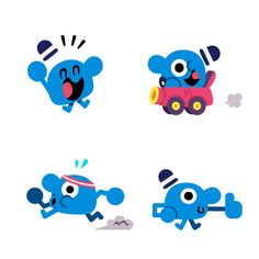 four blue cartoon animals with different expressions on their faces, one is jumping and the other is running