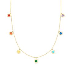 Ross-Simons - Italian Rainbow Enamel Disc Station Necklace in 14kt Yellow Gold. 16". RS Pure. Modern designs that complete your outfit and complement your personality. Our dainty disc station necklace shines bright with rainbow enamel! Perfectly colorful and right on trend. Set in polished 14kt yellow gold on a simple cable chain with a 2" extender that's ideal for layering. Made in Italy. Springring clasp, rainbow enamel disc station necklace. Rainbow Jewelry, Rainbow Necklace, Fine Jewelery, Disc Necklace, Station Necklace, Chain Ring, Cable Chain, Solid Gold, Gold Rings