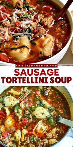 sausage tortellini soup in a white bowl