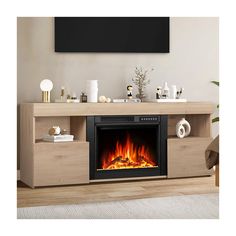 an entertainment center with a fireplace in the middle