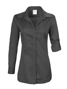 Our "Joey" Shirt is our semi-fitted basic. Can be worn in or out and is long enough to cover the "bum" Tailored yet casual women's black long sleeve button up shirt in a crisp, high thread count cotton/spandex blend Button front, long sleeve can be rolled and tabbed to 3/4 sleeve 60% cotton / 35% Polyester / 5% Spandex Semi-fitted shape Hand or machine wash Made in USA Style # 1977076 Classic Long Sleeve Blouse With Roll-up Sleeves, Fall Office Blouse With Roll-up Sleeves, Office Blouse With Roll-up Sleeves For Fall, Solid Color Tops With Roll-up Sleeves For Office, Fitted Blouse With Shirttail Hem, Classic Stretch Long Sleeve Tops, Office Top With Spread Collar For Fall, Classic Long Sleeve Stretch Top, Long Sleeve Tops With Hidden Button Closure For Fall