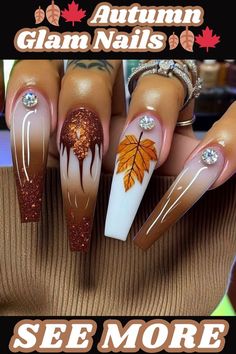 Bling Fall Nails, 2024 Fall Nail Designs, Fall Long Nail Designs, Fall Nails Ideas Autumn 2024, Fall Coffin Nail Designs, Fall Bling Nails, November Nails Fall Acrylic, Nails Gray, Nails Nail Art Designs