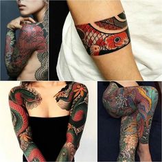 several different tattoos on the arms and arm, both with dragon and flower tattoo designs