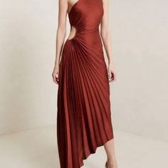 Didn’t End Up Wearing! Lovely Color And Very Flattering. New With Tags. Satin Pleated Dress, Casual Work Dress, Pleated Satin Dress, Fall Fashion Dresses, Orange Maxi Dress, Pleated Maxi Dress, Pleated Maxi, Burgundy Dress, Glam Fashion