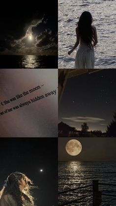 a collage of photos with the moon and stars in the sky over water,