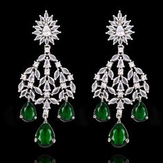 Elegant Green Bridal Earrings For Reception, Formal Festive Emerald Jewelry Sets, Elegant Green Chandelier Earrings For Festive Occasions, Elegant Festive Emerald Earrings, Elegant Green Bridal Earrings For Festive Occasions, Formal Green Jeweled Jewelry Sets, Festive Green Cubic Zirconia Jewelry Sets, Festive Green Jewelry Sets With Cubic Zirconia, Festive Green American Diamond Jewelry Sets