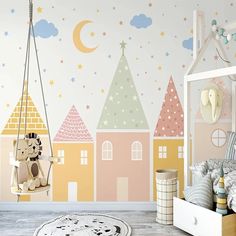 a child's room decorated in pastel colors with a teddy bear on a swing