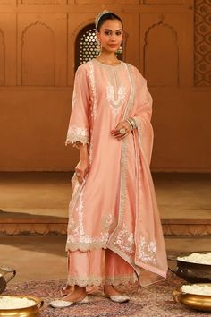 Off-rose silk chanderi A-line kurta with kashmiri tilla and parsi gara embroidery. Comes with palazzo and a silk organza dupatta. - Aza Fashions Parsi Gara Embroidery, Gara Embroidery, Kurta And Palazzo, Kurta Palazzo Set, Pink Kurta, A Line Kurta, Cocktail Reception, Luxury Sale, Organza Dupatta