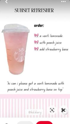 the menu for starbucks's newest drink, which is pink and has white lettering on it