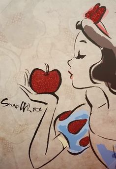 a drawing of a woman holding an apple in her right hand and the words snow white on it