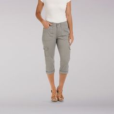 Updated style and all-day comfort in a cargo-inspired capri. You’ll love the soft fineline stretch twill fabrics, cute cargo pocket styling, and adjustable hem that you can roll up or down to vary your style. Add in a comfort elastic knit waistband and you’ll enjoy your style in comfort all day. Stretch Twill: 98% Cotton/2% Spandex 5.8oz. Frost Gray. 10 W / M L. Pattern: Jean Capri Outfits, Outfits For Petite, Capri Outfits, Cargo Capris, Teacher Clothes, Jeans Outfit Summer, Womens Capri Pants, Clothes Casual, Womens Capris