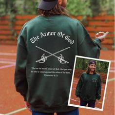 Armor Of God Front & Back Sweatshirt ♥ All shirts from Diligently Devoted are handmade-to-order, just for you!  ♥CLOTHING MATERIAL * Bella And Canvas Brand for T- shirts and Gildan Brand for Sweatshirts & Hoodies * Rolled up sleeves in picture is for styling purpose only * Props used in the photos are not included with purchase * 50% pre-shrunk cotton, 50% polyester * Fabric weight: 8.0 oz/yd² (271.25 g/m²) * Air-jet spun yarn with a soft feel and reduced pilling * Double-lined hood with matching drawcord * Quarter-turned body to avoid crease down the middle * 1 × 1 athletic rib-knit cuffs and waistband with spandex * Front pouch pocket * Double-needle stitched collar, shoulders, armholes, cuffs, and hem * Blank product sourced from Honduras, Mexico, or Nicaragua ♥ Unisex sizing(Size chart Sweatshirts Christian, Christian Sweatshirts, Ephesians 6 11, Christian Crewneck, Christian Merch, Christian Streetwear, Rolled Up Sleeves, Jesus Is King, Ephesians 6