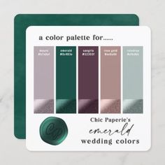 the color palette for chic paper's emerald wedding colors is displayed on a card