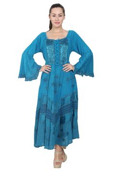 Long sleeve renaissance inspired corset dress with multiple levels of hand-embroidery. Each acid wash dress is individually dyed by skilled artisans giving each piece a beautiful finish. 100% Rayon. Made-in-India. Available in 4 sizes S/M, L/XL, 1X/2X, or 3X/4X. Medieval Style Dresses For Festivals, Fitted Bohemian Medieval Dress For Summer, Bohemian Fitted Medieval Dress For Summer, Bohemian Medieval Dress For Festival, Fitted Medieval Summer Dress, Fitted Medieval Style Summer Dress, Fitted Medieval Dress For Summer, Spring Bohemian Fitted Medieval Dress, Bohemian Medieval Dress For Summer