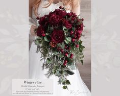 a bride holding a bouquet of red flowers and greenery in her hand with the words winter pine written below it