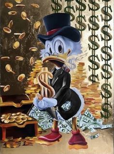 a painting of donald duck with money on it's feet and wearing a top hat