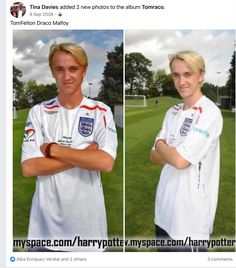 two photos of the same person in soccer uniforms, one has his arms crossed and is looking at the camera