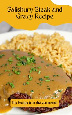 salisbury steak and gravy recipe on a white plate with brown gravy