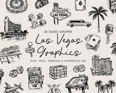 the hand drawn las vegas graphics is shown in black and white, with palm trees