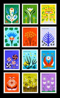 six stamps with different designs on them, each featuring flowers and plants in various colors