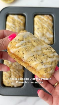 a person holding up a piece of food in a muffin tin with the words, this is episode 9 of my protein power house series