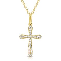 Embrace timeless elegance with this 14K Gold Diamond Cross Necklace, a symbol of faith and beauty. Crafted in rich 14K gold, the classic cross pendant is adorned with 0.09 carats of sparkling diamonds, each stone meticulously set to catch the light and enhance the pendant's radiant charm. The delicate design makes it perfect for both everyday wear and special occasions, offering a subtle yet meaningful accent to any outfit. This necklace is a cherished expression of spirituality and grace, makin Gold Diamond Cross Necklace, Diamond Cross Necklace Gold, Tennis Jewelry, Diamond Cross Necklace, Engagement Rings Couple, Diamond Cross Necklaces, Golden Jewelry, Custom Ring Designs, Delicate Design