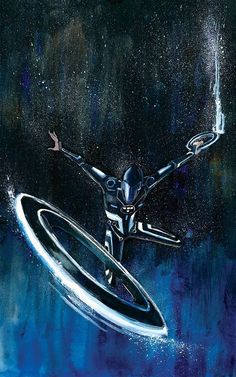 a painting of a person on a surfboard in the air with their arms outstretched