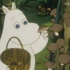 a cartoon character holding a basket with mushrooms in it