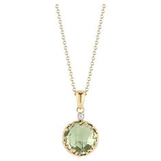 14 Karat Yellow Gold Hand-Crafted Polish-Finished Pendant, Centered with a 10mm Round Checkerboard -Cut 3.25CT Green Amethyst Semi-Precious Color Stone, Accented with 0.015 Carats of a Bezel Set Diamond, and Sliding on a 16" Rolo Chain. Color Stone Pendant, Amethyst Color, Bezel Set Diamond, Gold Hand, Color Stone, Gold Hands, Amethyst Necklace, Green Amethyst, Rolo Chain