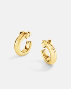 A Chunky style hoop earring using the post-butterfly closure system. Even though the earrings are chunky with lots of volume but weights are controlled to optimize comfortability by utilizing our exclusive Italian electroforming production technology. The earrings are produced in 18k yellow gold or white gold plated over genuine sterling silver metal. Our hand polished finishing assures every piece of our jewelry have a luxurious finish. Bamboo Hoop Earrings, Chunky Hoop Earrings, Earring Sale, Jewelry Earrings Hoops, Shop Earrings, Jewelry Pieces, Metallic Silver, Gold Earrings, Silver Earrings