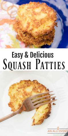 an easy and delicious squash patties recipe on a plate with a fork