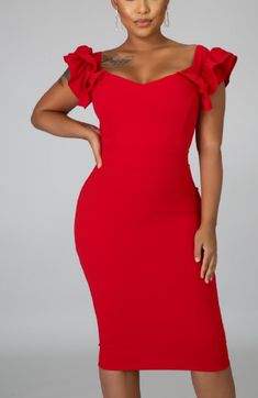 Chic Cap Sleeve Midi Dress For Party, Red Fitted V-neck Short Sleeve Dress, Solid Color Stretch Midi V-neck Dress, Cap Sleeve Midi Dress For Summer Party, Chic Red V-neck Midi Dress, Elegant Cap Sleeve Dress For Night Out, Summer Party Midi Dress With Cap Sleeves, Chic Cap Sleeve Dress For Night Out, Chic Night Out Dress With Cap Sleeves