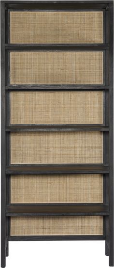 Aline Large Bookshelf - Black - Bookcase Wood And Cane Shelf, Rattan Background, Large Bookshelf, Adding Storage, Chocolate Sofa, Concrete Stool, Black Home Office, Large Bookshelves, Wooden Bookshelf