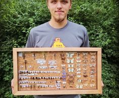 a young man holding up a framed display of insect specimens in front of some bushes