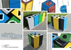 several different colored recycling bins on the ground and in front of each other, with text that reads modular recycling system