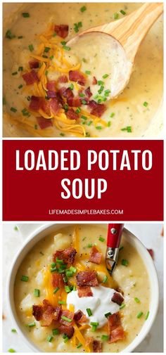 loaded potato soup with bacon and cheese in a white bowl