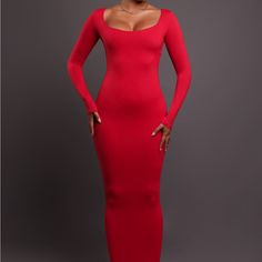 Brand New Red Stretch Maxi Length Bodycon Dress, Red Fitted Maxi Dress For Fall, Fitted Red Maxi Dress For Fall, Red Stretch Maxi Dress For Fall, Elegant Red Maxi Dress With Square Neck, Red Bodycon Maxi Dress For Date Night, Red Square Neck Bodycon Dress For Party, Elegant Red Square Neck Maxi Dress, Chic Red Maxi Dress With Square Neck