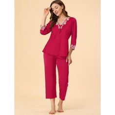 This style of sleeping set is convenient to take on/off, which can give you a light and simple dressing experience, and keep you nice and comfortable all day. Top: long sleeve sleepwear features lace insert with classic v neck and little bow front chest. Bottom: pants featured elastic waist. The soft pajama set for women is classy, comfortable, and durable. This pajama set is casual and classy, even if guests visit suddenly, you won't feel embarrassed, making your home life more convenient. The Pink Long Sleeve Sleepwear For Night, Pink Relaxation Set With Long Pants, Red Long Sleeve Bedtime Sets, Red Long Sleeve Sleepwear For Lounging, Red Long Sleeve Lounging Sleepwear, Red Long Sleeve Sleepwear For Pajama Party, Simple Dressing, Soft Pajamas, Night Suit