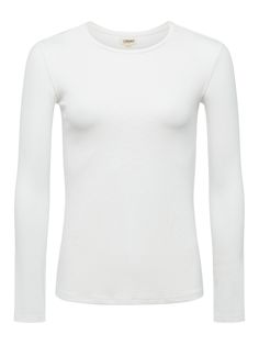 Modern and elegant slim-fit top in white. Ultra-soft microfiber jersey has a luxuriously silky hand and clings lightly to the figure. Look includes crew neck and sleek long sleeves. Beautiful wardrobe stable that works on its own or as a base layering piece. White Fitted Long Sleeve Crew Neck Top, Classic White Fitted Long Sleeve Top, Elegant Fitted Crew Neck Long Sleeve Top, Elegant Fitted Long Sleeve Crew Neck Top, Elegant Fitted Long Sleeve Top With Crew Neck, Elegant White Fitted T-shirt, Great Neck New York, Beautiful Wardrobe, White Long Sleeve Top