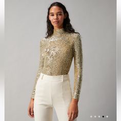 Gorgeous And Festive Gold Sequin Turtleneck By Tory Burch! Brand New With Tags! Sequin Turtleneck, Silk Tunic Top, Silk Sleeveless Top, Gold Holiday, Embroidered Bodice, Holiday Tops, Silk Tank Top, Designer Tops, Striped Long Sleeve Shirt