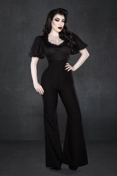 PRE-ORDER - Dina Jumpsuit – KATAKOMB Romper Men, June Dress, Corporate Goth, Black Velvet Bow, Retro Pin Up, Velvet Bow, Sweetheart Neckline, Black Velvet, Leg Pants