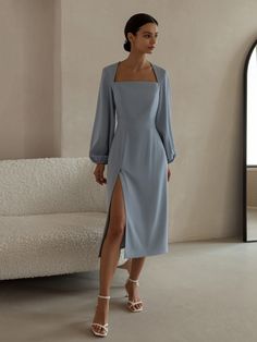 Flared angular-cut midi dress :: LICHI - Online fashion store Elegant Mid-length Dress With Fitted Bodice, Chic Puff Sleeve Dress With Blouson Sleeves For Work, Elegant Long Sleeve Dress With Bishop Sleeves, Chic Formal Dress With Puff Bishop Sleeves, Chic Formal Dress With Bishop Sleeves, Chic Formal Puff Sleeve Dress With Bishop Sleeves, Elegant Dresses With Fitted Bodice And Bishop Sleeves, Elegant Party Midi Dress With Elastic Sleeves, Chic Formal Long Sleeve Dress With Bishop Sleeves