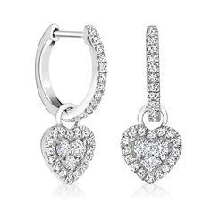 Ross-Simons - .50ct t. w. Diamond Heart Hoop Drop Earrings in Silver. 3/4". Dazzled with .50 ct. t. w. round diamonds, these versatile earrings dangle removable heart drops from classic hoop tops, offering two distinct looks for one approachable price. Finely crafted in polished sterling silver. Hanging length is 3/4". Hinged post, diamond heart hoop drop earrings. Diamond birthstones are the perfect gift for April birthdays. Anniversary Dangle Hoop Earrings With Diamond Accents, Anniversary Dangle Huggie Earrings With Brilliant Cut, Drop Earrings Diamond, Heart Diamond Earrings, Hoop Drop Earrings, Diamond Birthstone, Heart Shaped Earrings, Fine Jewelery, Earrings Diamond