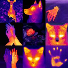 several images of different types of glowing animals and hands with their faces lit up in the dark