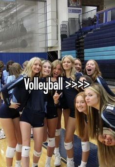 the volleyball team is posing for a photo with their arms around each other in front of an arrow that says volleyball > > >