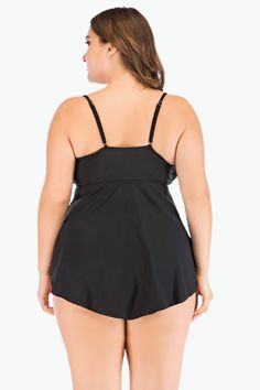 The Black Ruched Two Piece Tankini Plus Size Swimsuit is all you need to get through summer in style! Our plus size swimwear from Curvy Waves offer comfort and style combining with sexy prints and curve-hugging fit. With bold patterns that shout "summer's here" and sizes that go up to a 6XL, there's nowhere else to go bikini shopping for! Instantly lengthen the look of your legs with the high-cut hemline! Our tankinis are designed to make sure they fit you right. And by right, we mean no tummy r Black Swim Dress With Built-in Bra For Pool, Black Swim Dress With Built-in Bra For Beach Season, Vacation Swim Dress With Built-in Underwire Bra, Black Tankini With Built-in Bra For Vacation, Ruched Swimwear With Spaghetti Straps For Swimming, Black Spaghetti Straps Tankini For Beach, Ruched Spaghetti Strap Swimwear, Black Summer Tankini For Pool, Black Spaghetti Strap Swimwear For Poolside