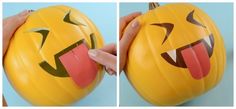 two pictures of pumpkins with faces painted on them, one has its mouth open and the other has it's tongue out