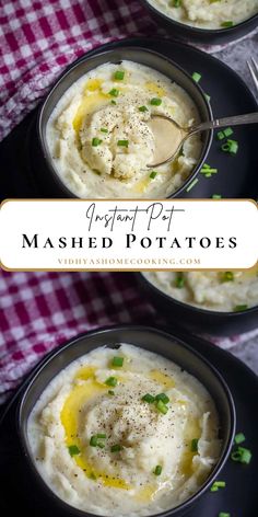 mashed potatoes in a black bowl with a spoon and green onions on the side